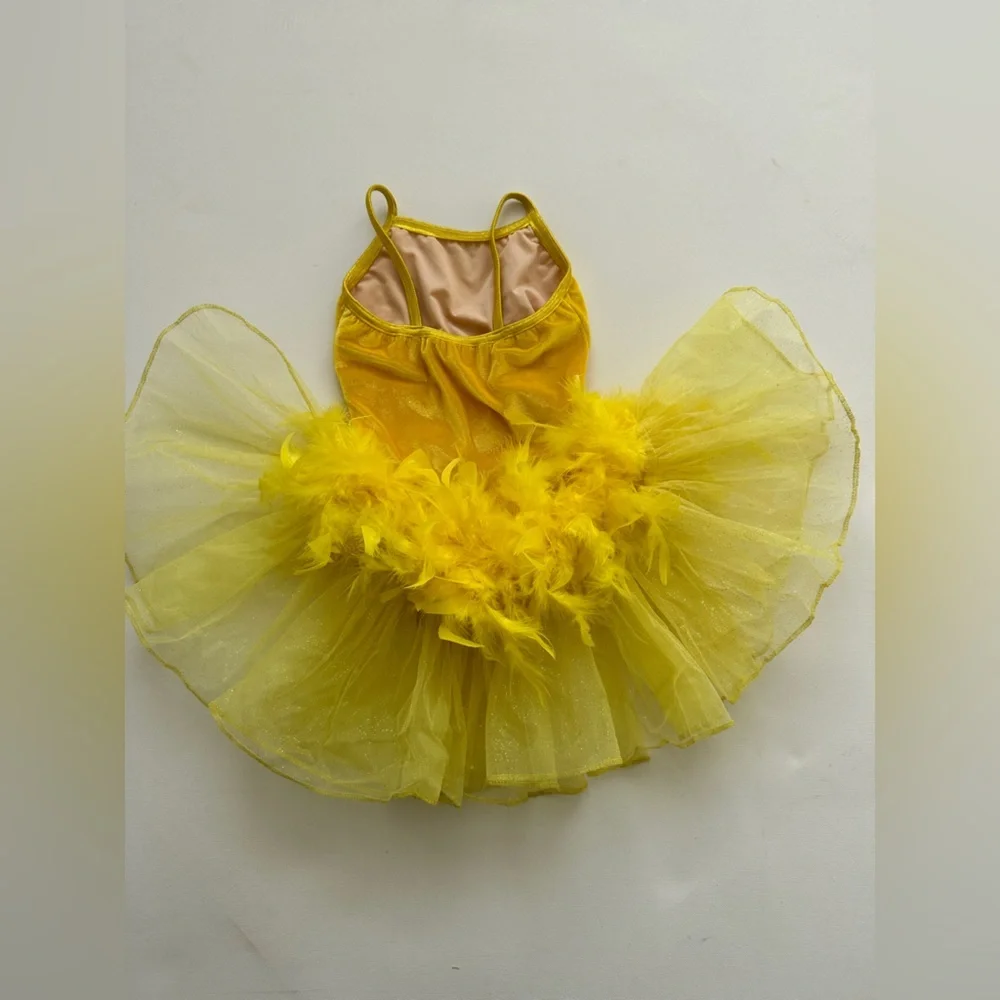 Jazzamatazz -Dance/Figure Skating Costume - Yellow Velvet-Tulle & Feather Skirt - Picture 6 of 9